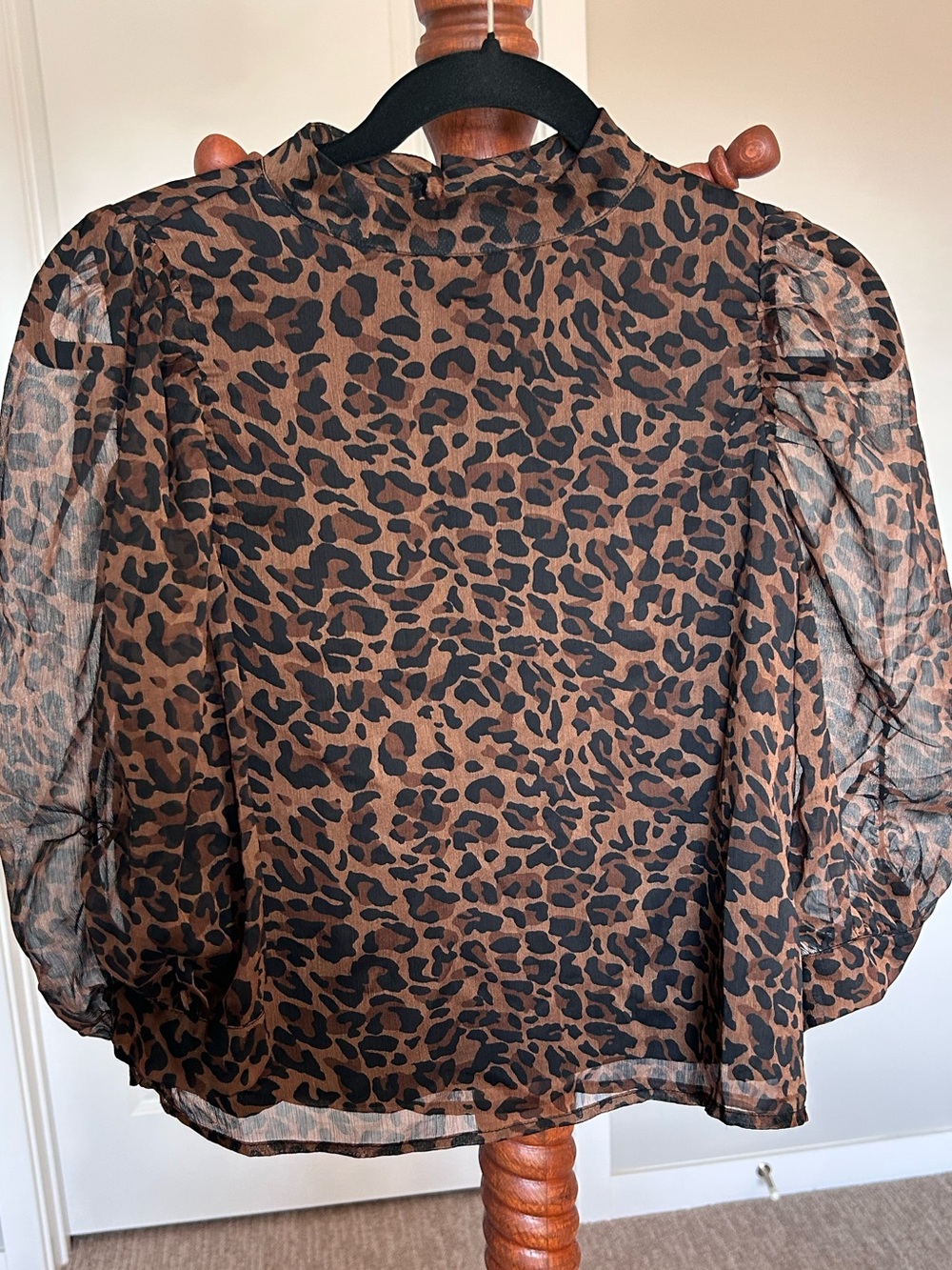 Sheer Leopard Print Puff Sleeve Blouse - Brown/Black